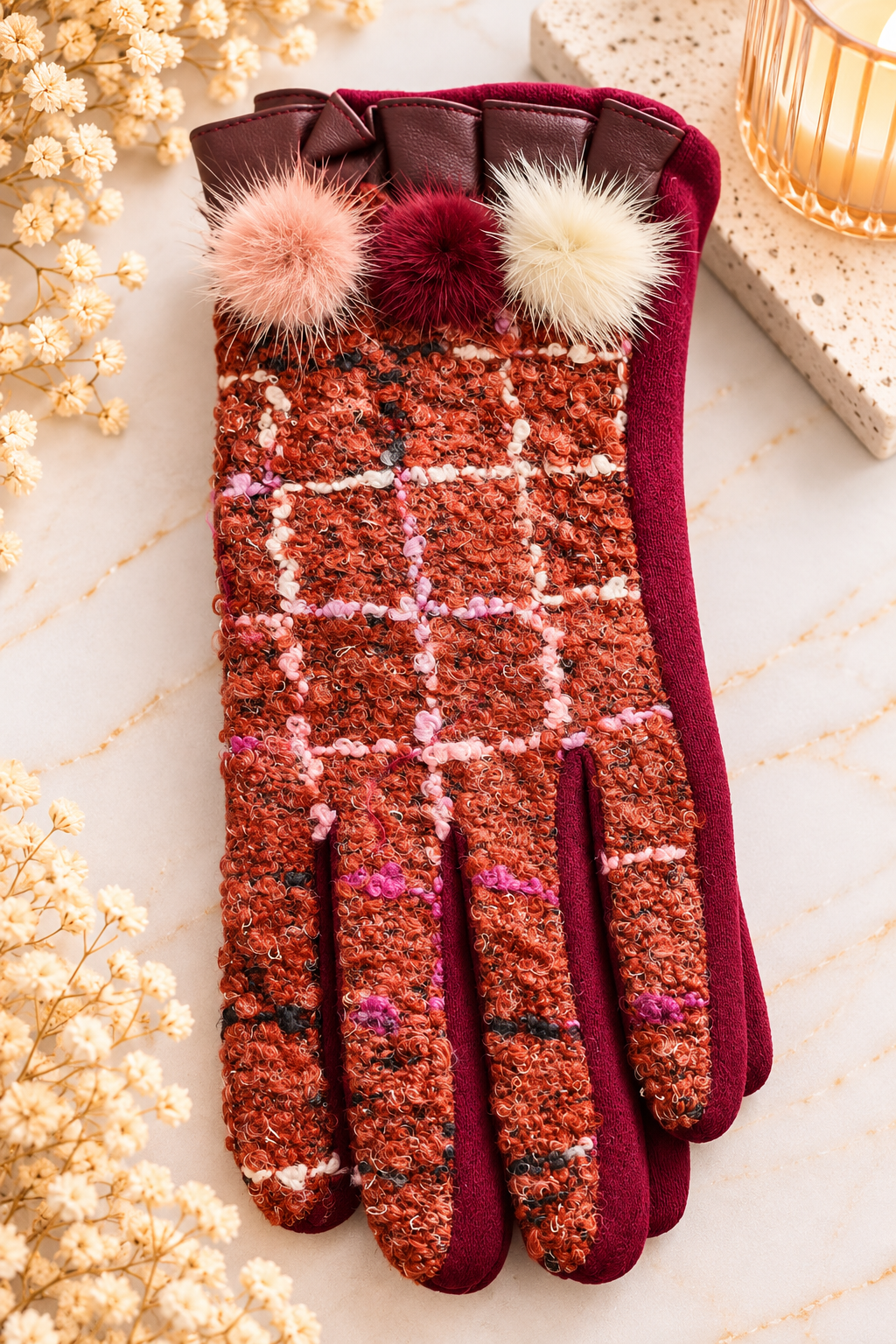 Gants Fantaisie Terracotta – Pompons colorés