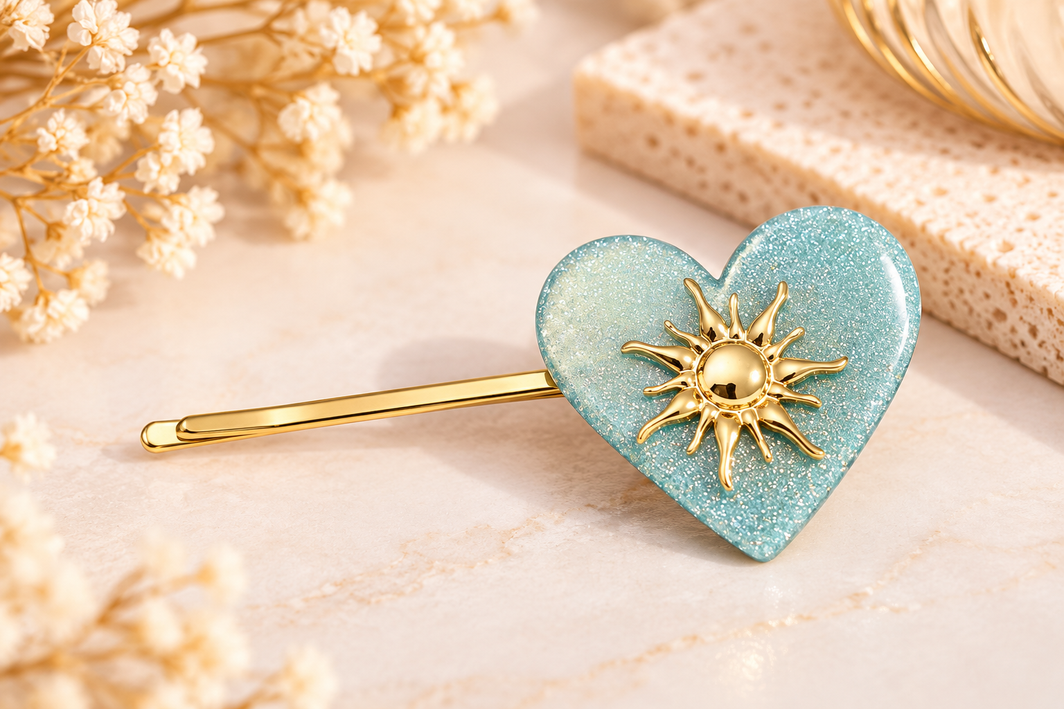 Pince à cheveux Cœur Solaire – Bleu pailleté & doré