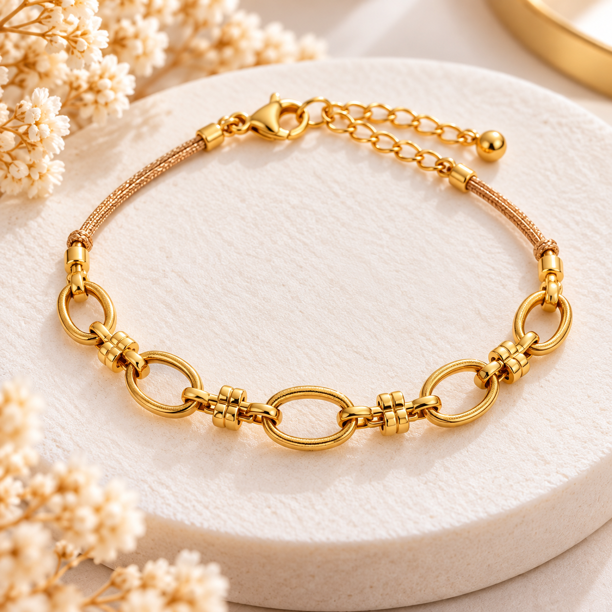 Bracelet doré à maillons ovales et cordon beige
