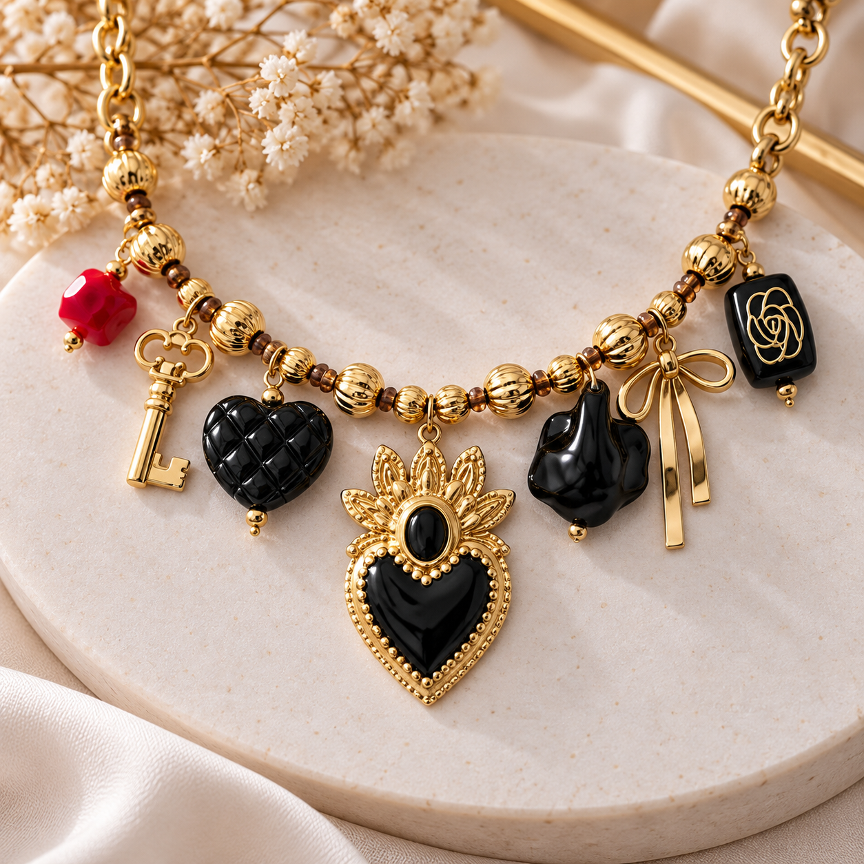 Collier doré Cœur Sacré Noir à breloques