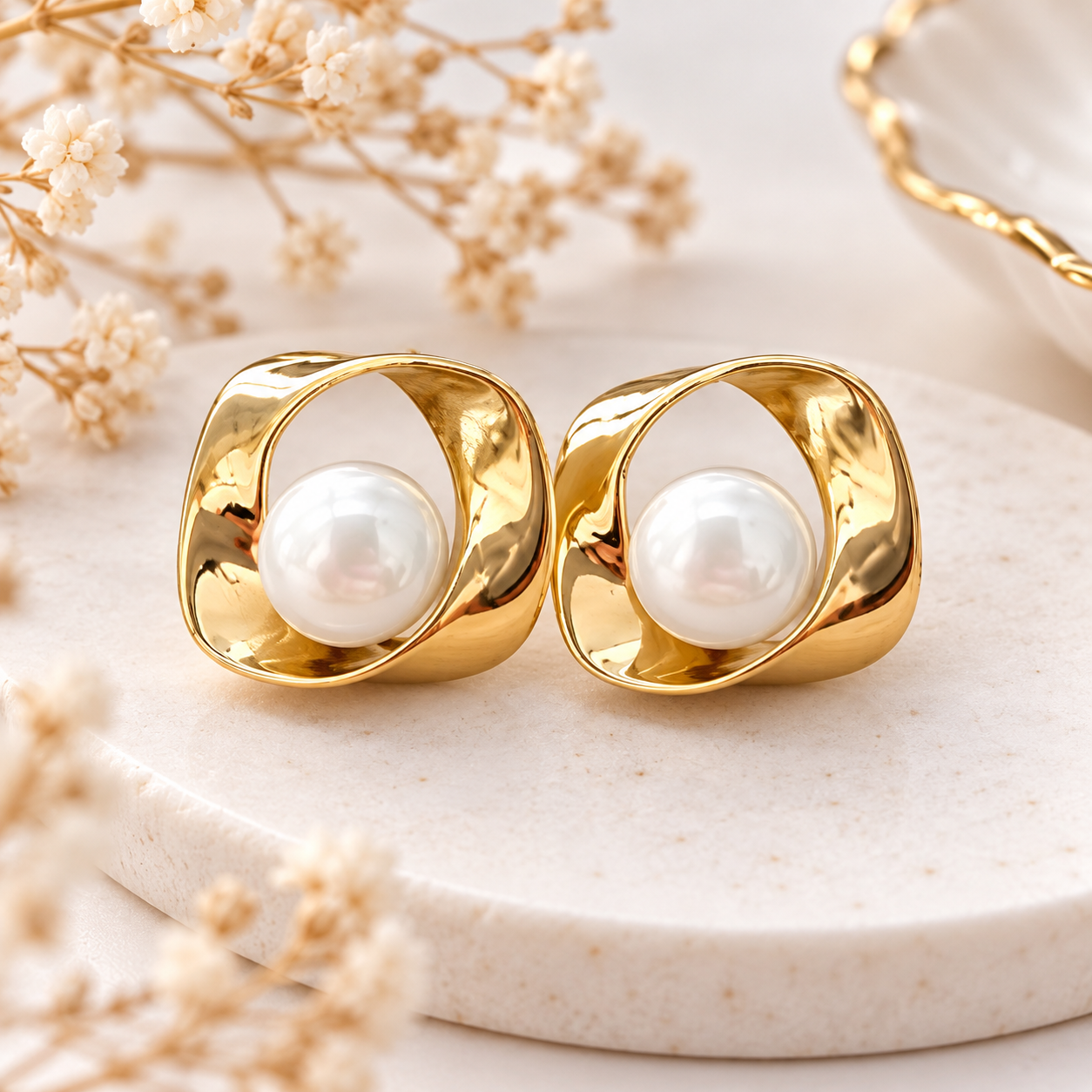 Boucles d’oreilles dorées torsadées avec perle blanche