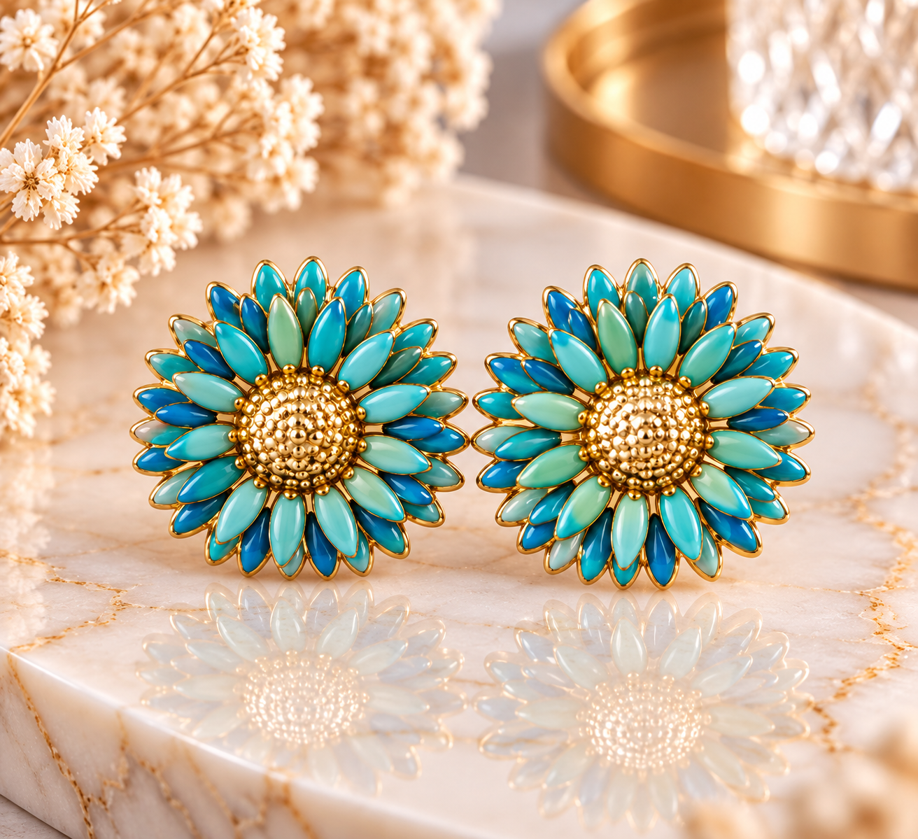 Boucles d’oreilles fleurs turquoise & dorées