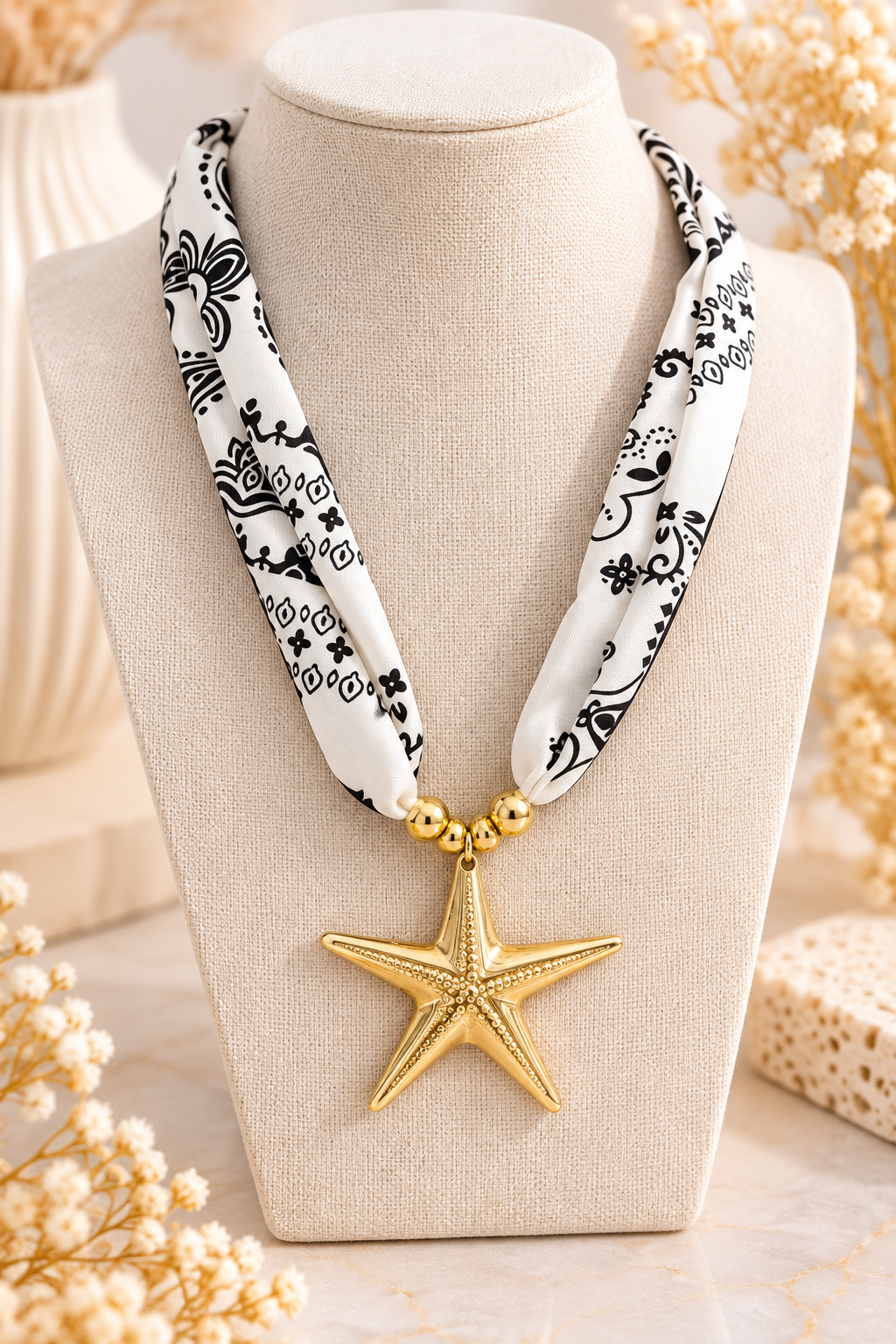 Collier foulard Étoile de Mer – Noir, blanc & doré