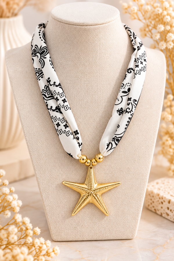 Collier foulard Étoile de Mer – Noir, blanc & doré