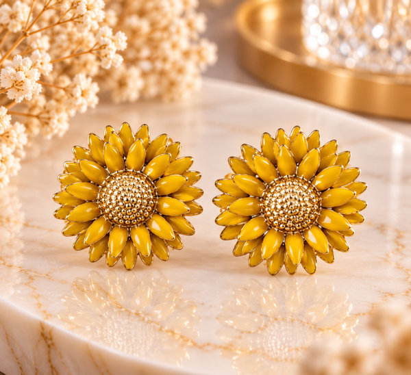 Boucles d’oreilles fleurs jaunes et dorées