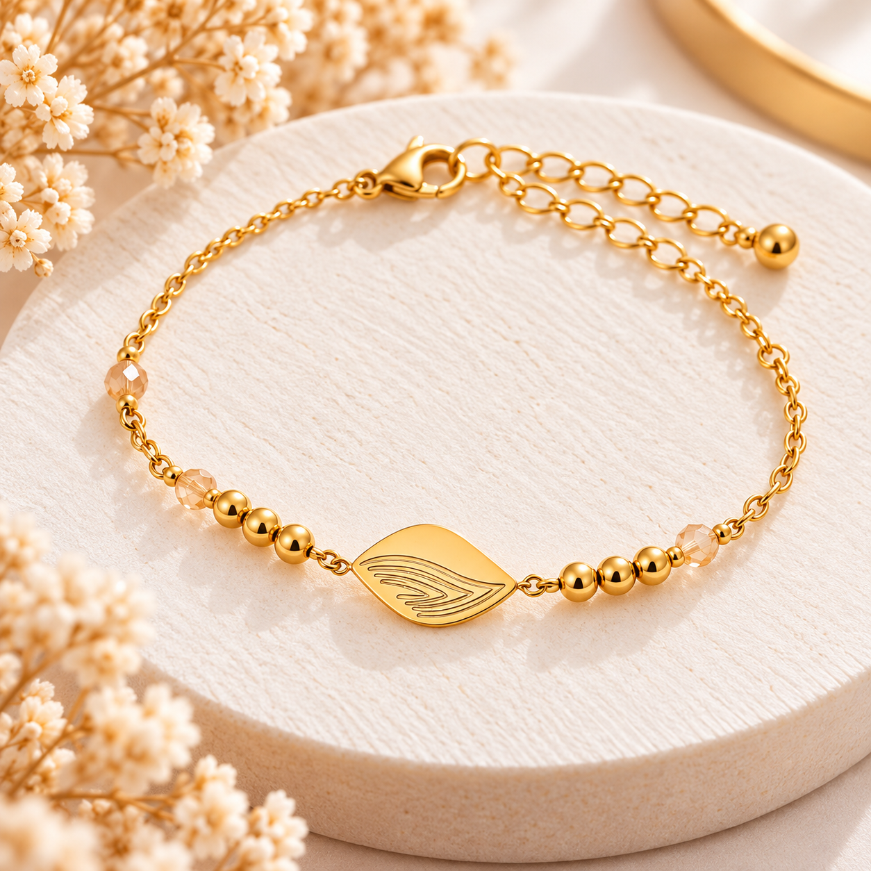 Bracelet doré feuille gravée et perles champagne