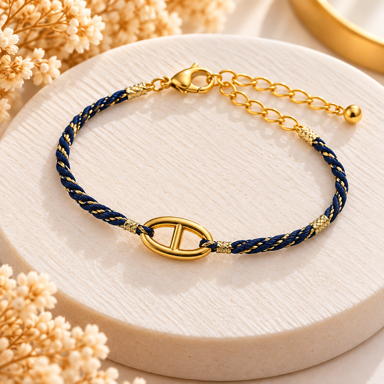 Bracelet cordon bleu marine et doré à maillon ovale