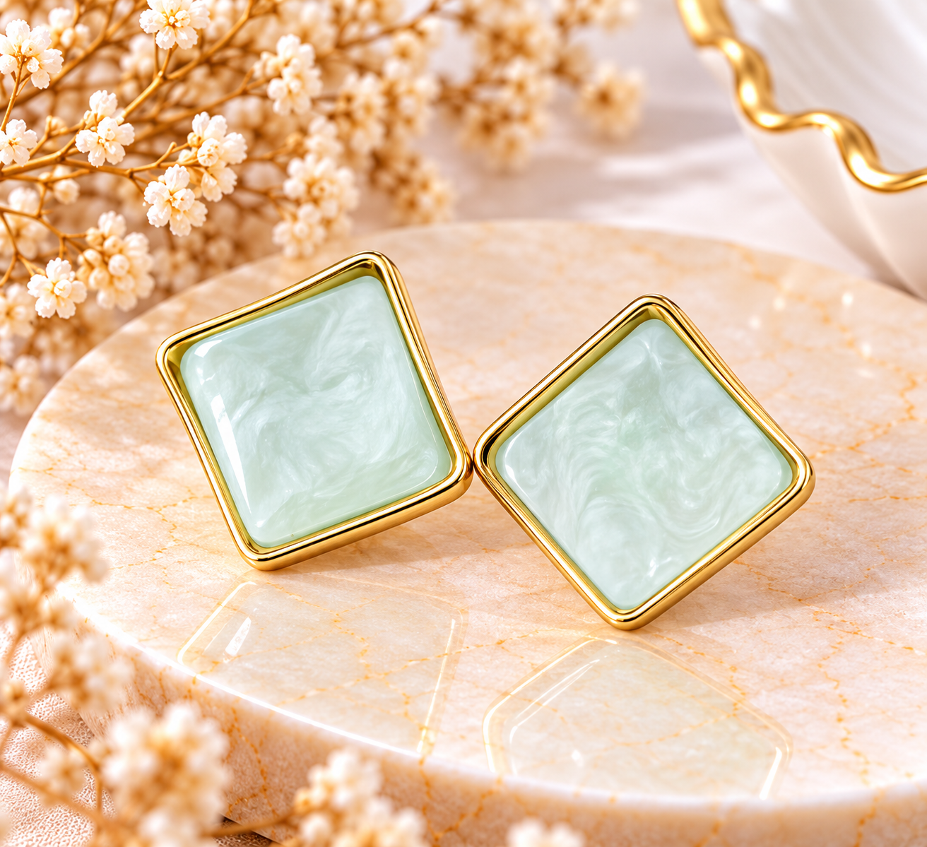 Boucles d’oreilles carrées vert pastel & doré