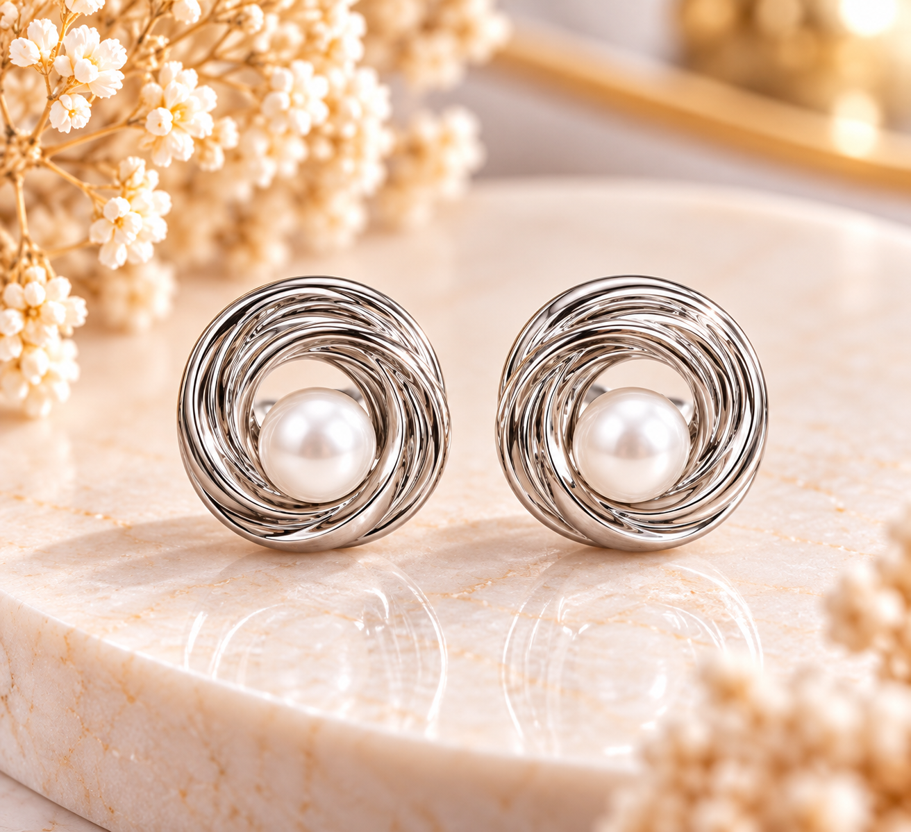 Boucles d’oreilles spirales argentées avec perle – Acier inoxydable