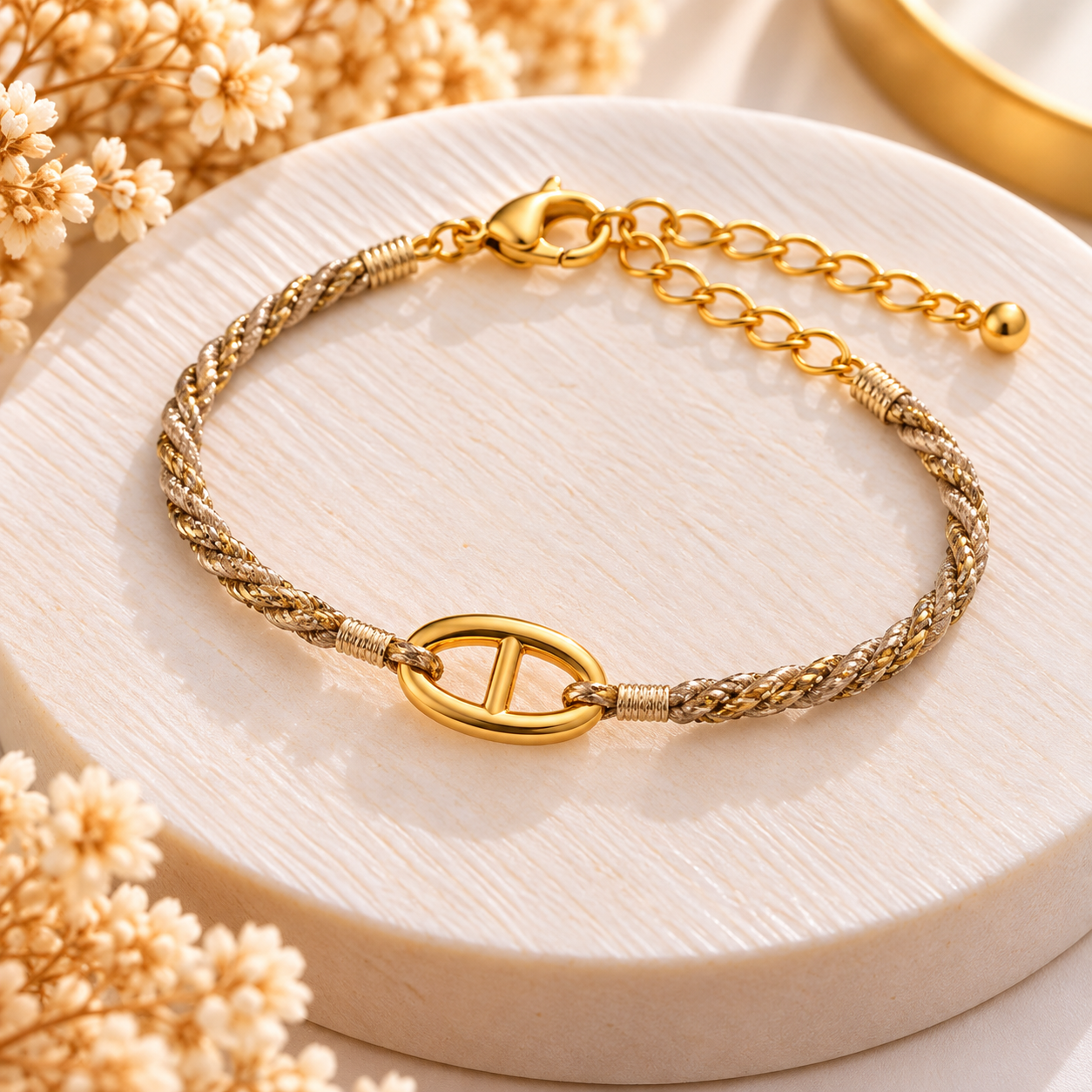 Bracelet cordon beige champagne et doré à maillon ovale