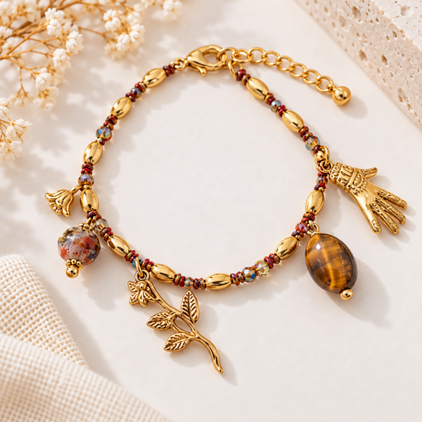Bracelet doré bohème à breloques et perles marron