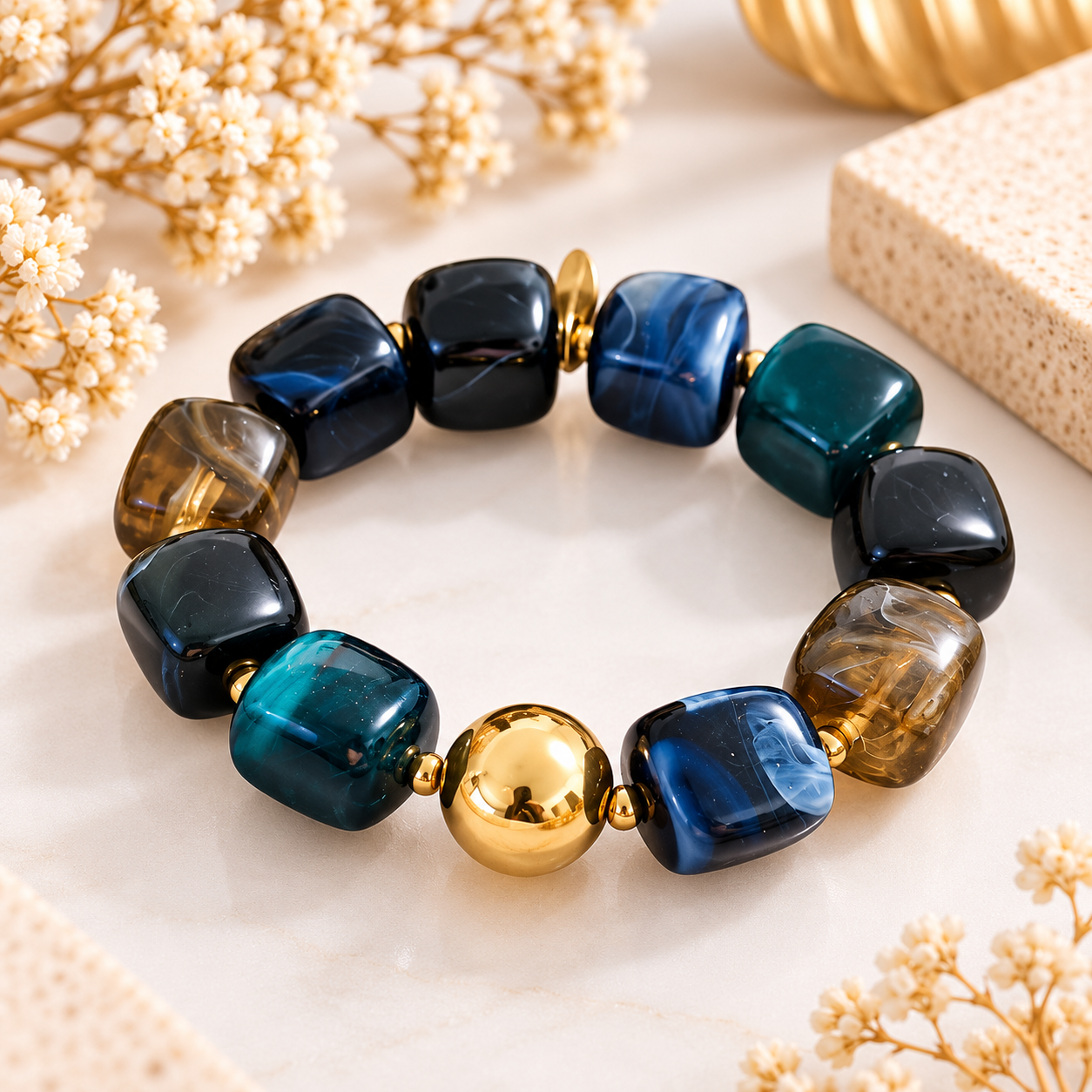 Bracelet Éclipse – Perles bleu, vert & doré