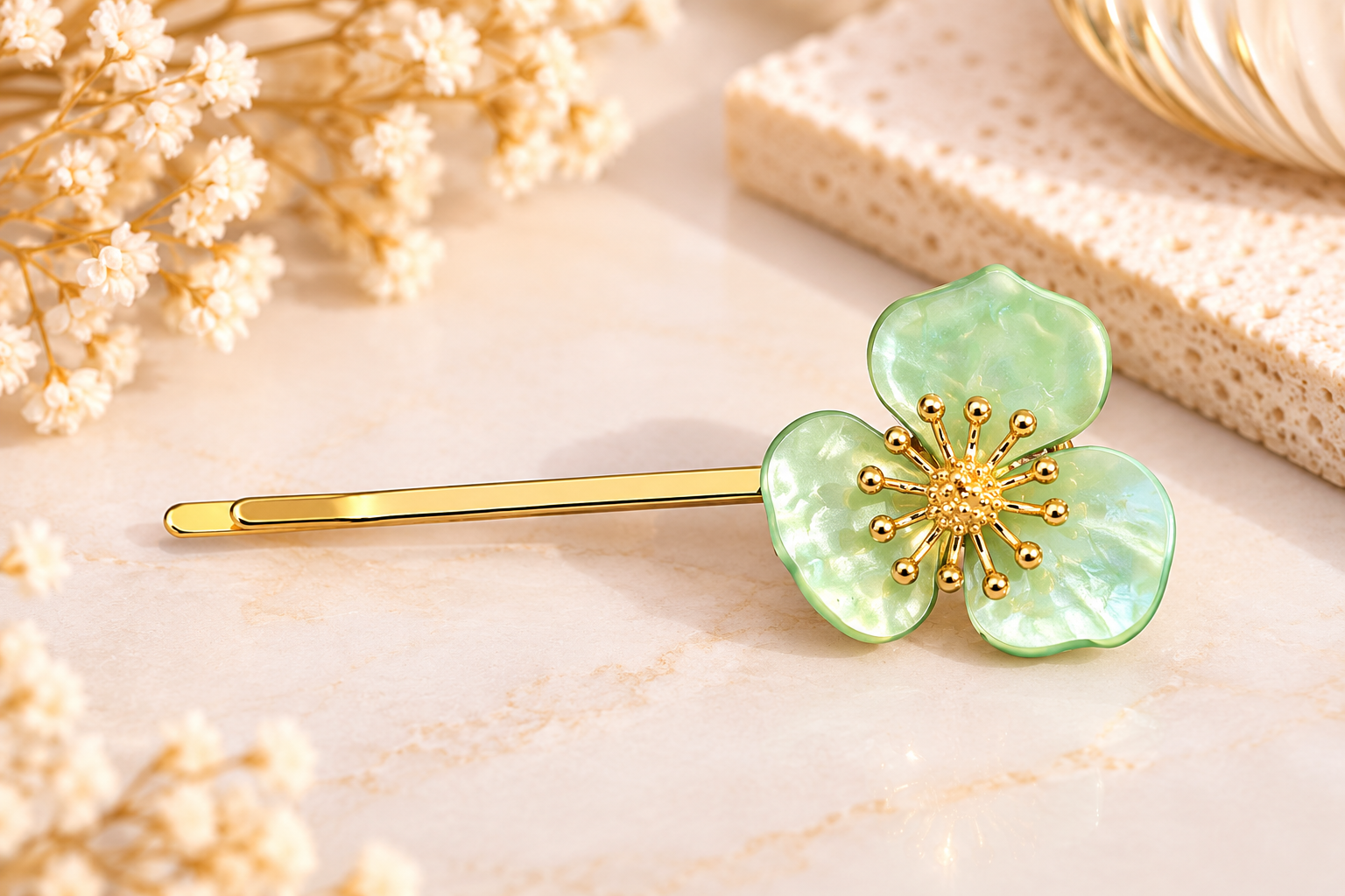 Pince à cheveux Fleur – Vert tendre & doré