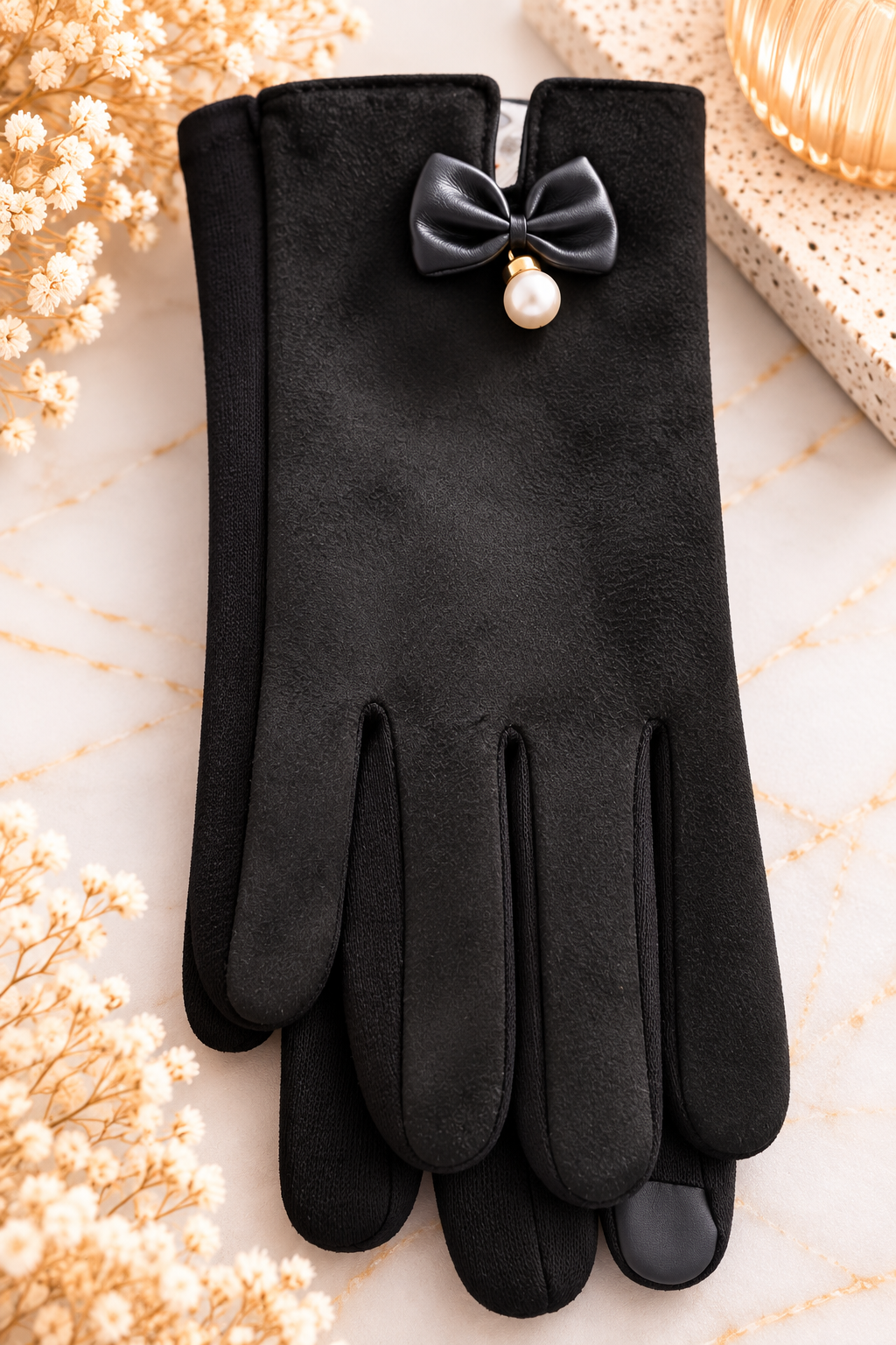 Gants Élégance – Noir, nœud & perle