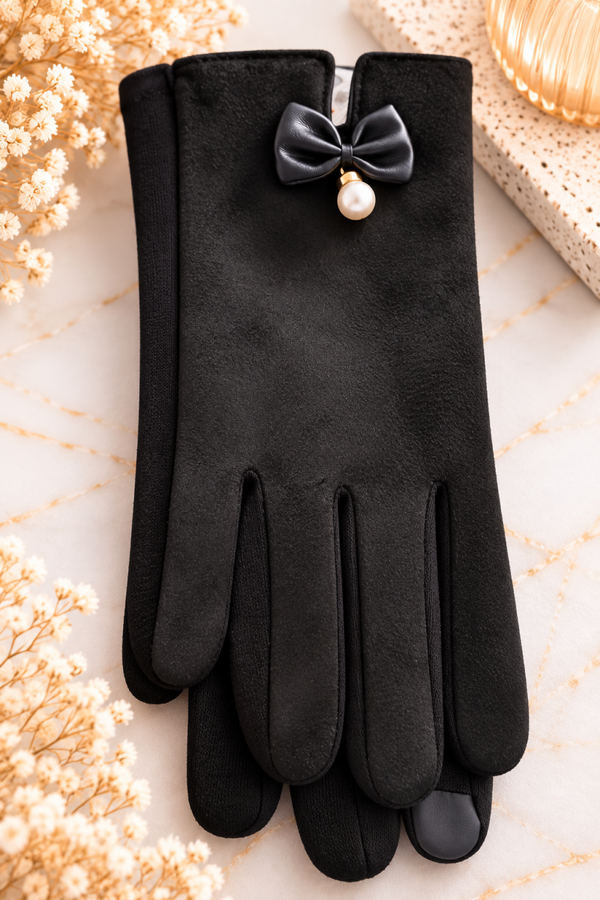 Gants Élégance – Noir, nœud & perle