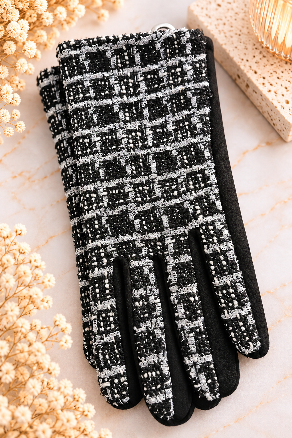 Gants Tweed Chic – Noir & blanc