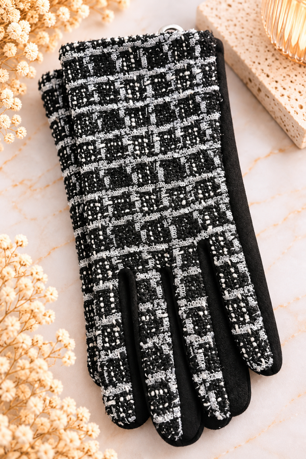 Gants Tweed Chic – Noir & blanc