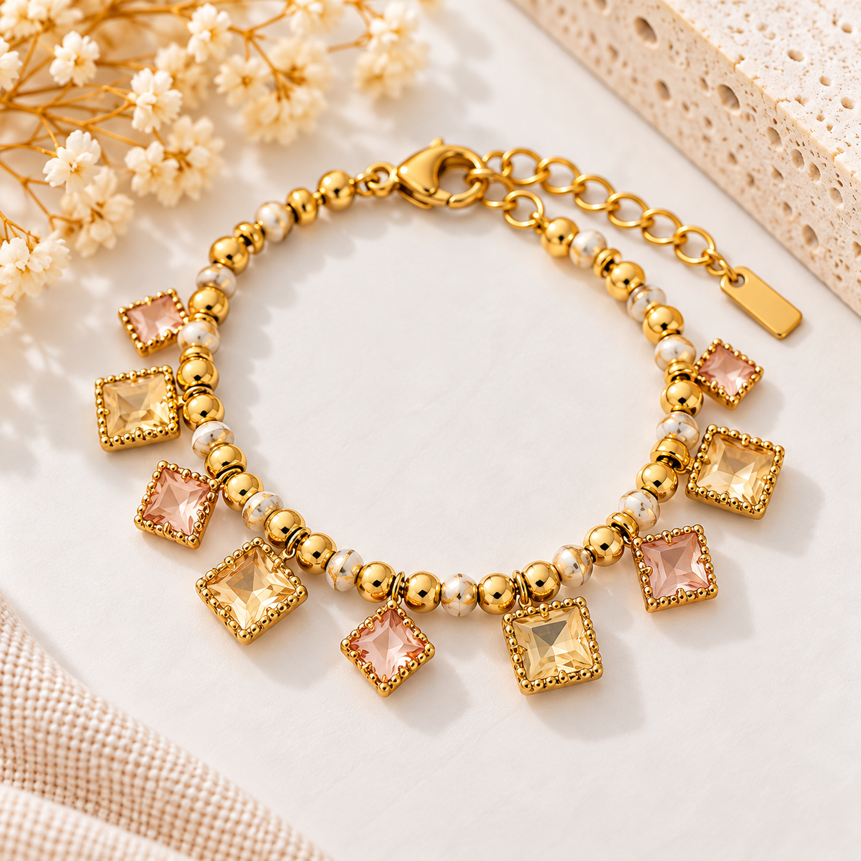 Bracelet doré à perles et charms carrés roses et champagne