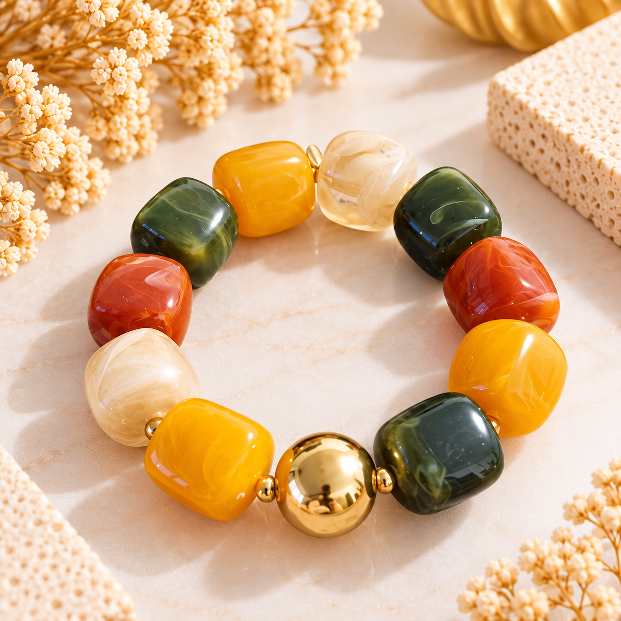 Bracelet Harmonie – Vert, moutarde, orange & doré