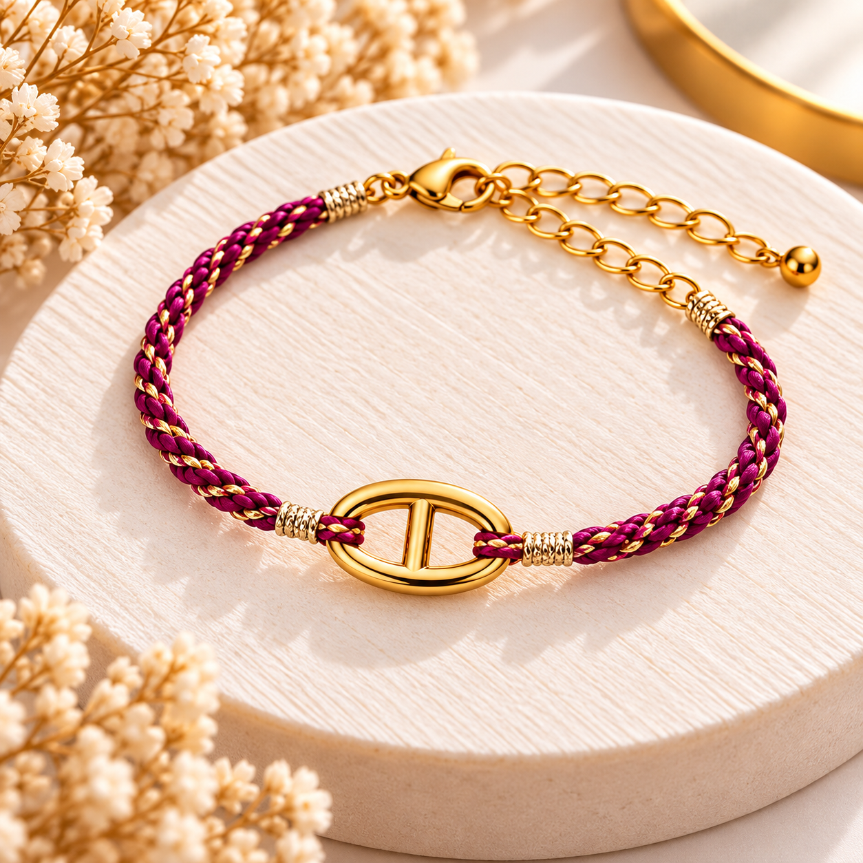 Bracelet cordon fuchsia et doré à maillon ovale