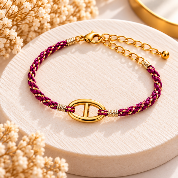 Bracelet cordon fuchsia et doré à maillon ovale