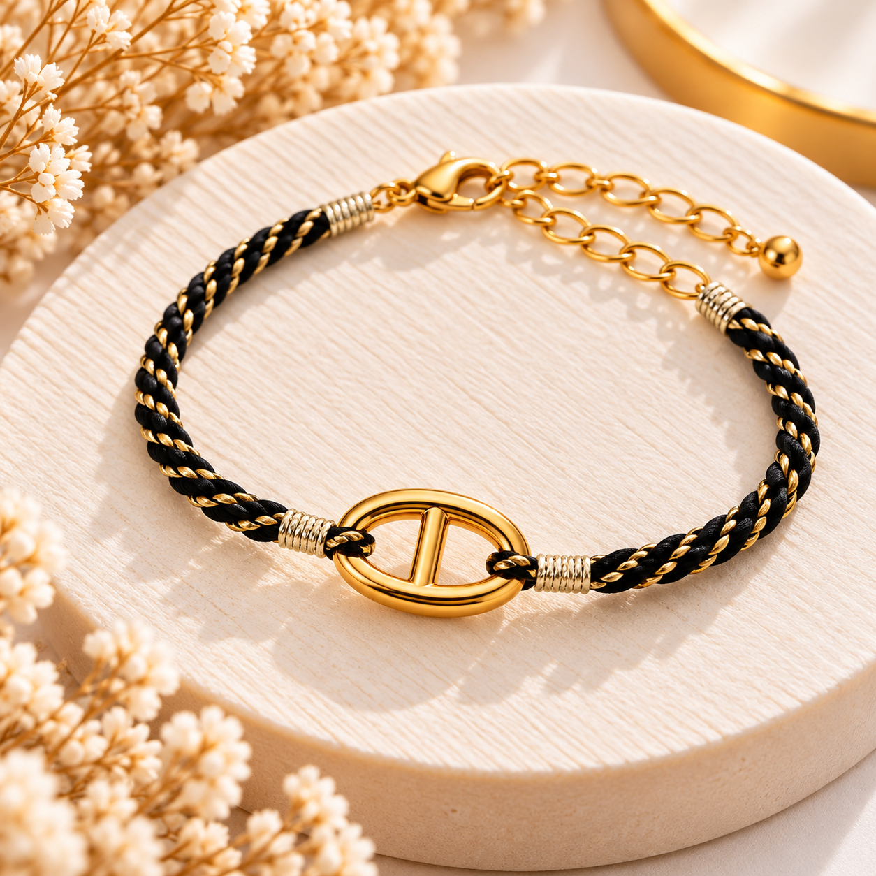 Bracelet cordon noir et doré à maillon ovale
