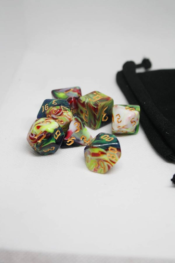 7 stuks dobbelsteen set "Yellow Swirls"