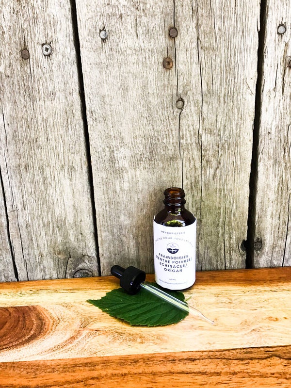 Teinture mère mélange " Framboisier, Menthe poivrée, Echinacée et Origan""