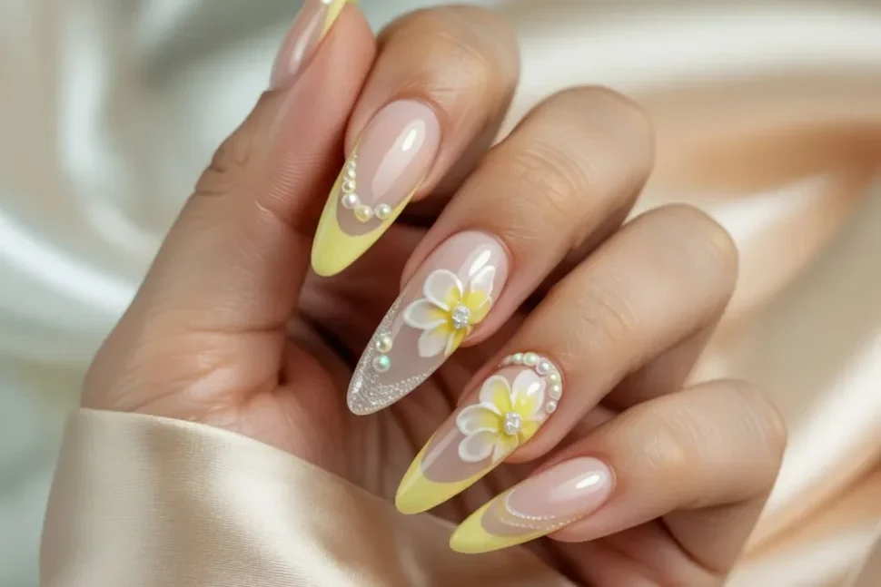 Zonnige gele zomer nagels, met veel details. gele french tips. french manicure met gele nagels. witte blomeen op nagels. veel details zoals parels en nail art. lage nagels voor de zomer. zonnige nagels. nagel blog. Nageltrends zomer 2025. Trendkleuren