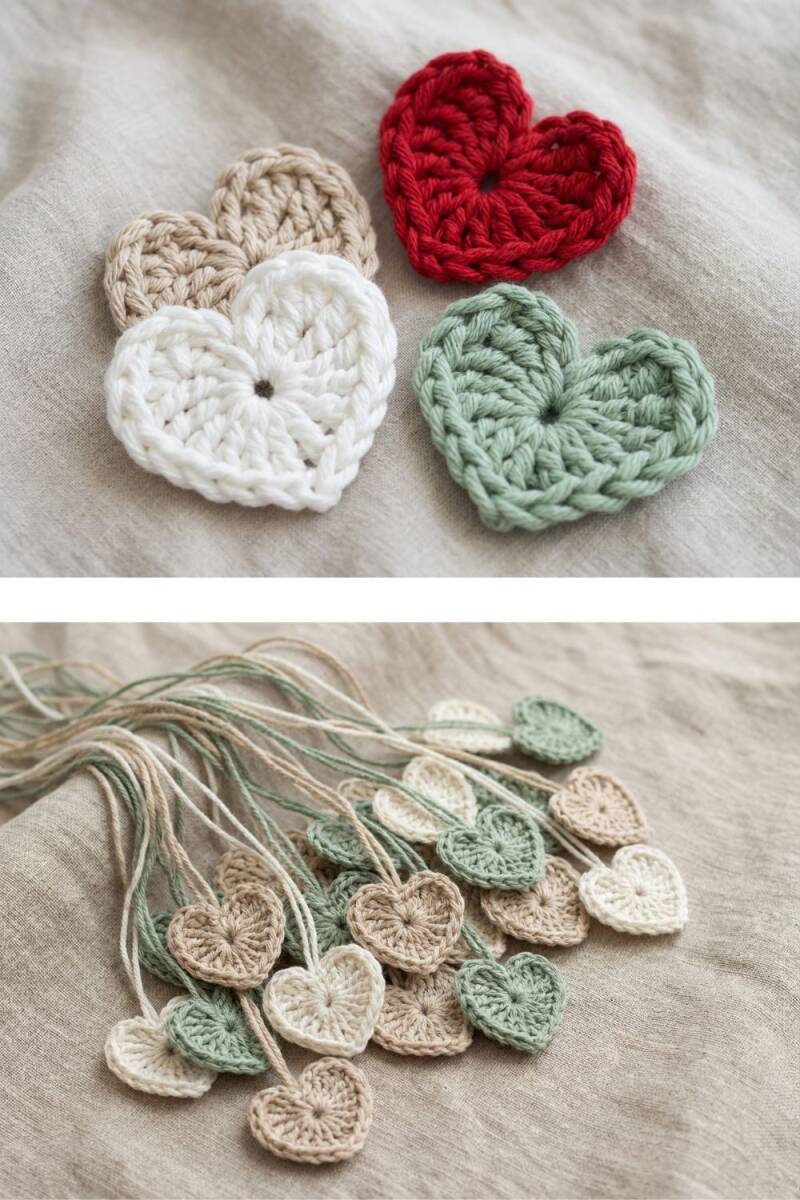 Gehaakte hartjes in beige wit en groen. Haken voor beginners inspiratie met gratis haken, romantische haak ideeën en haak patronen.