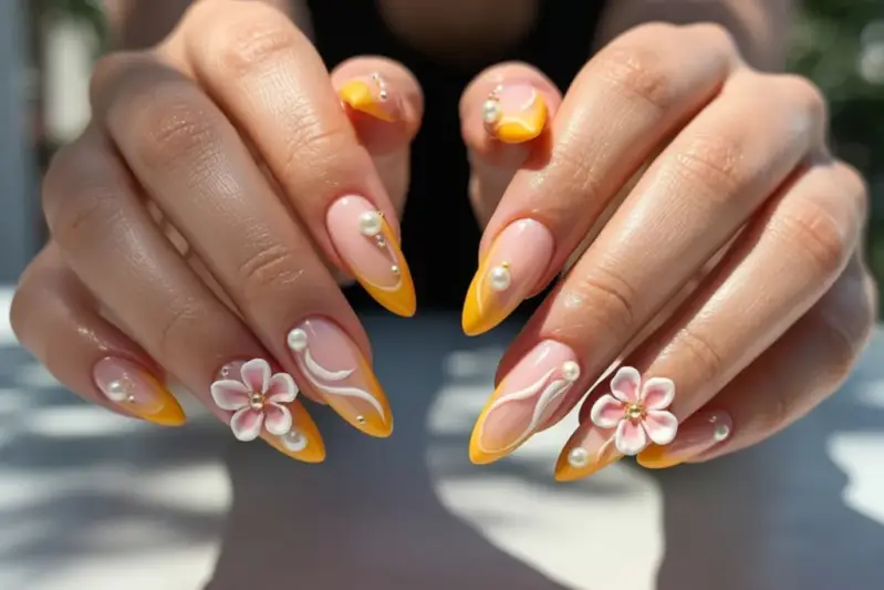 Oranje nagels. 3D nail art. summer 2025. parels op d enagels. pearls nails. Zomer Nagels 2025, Nageltrends zomer 2025. Trendkleuren zomer 2025. Nagelideeën en inspiratie zomer 2025.