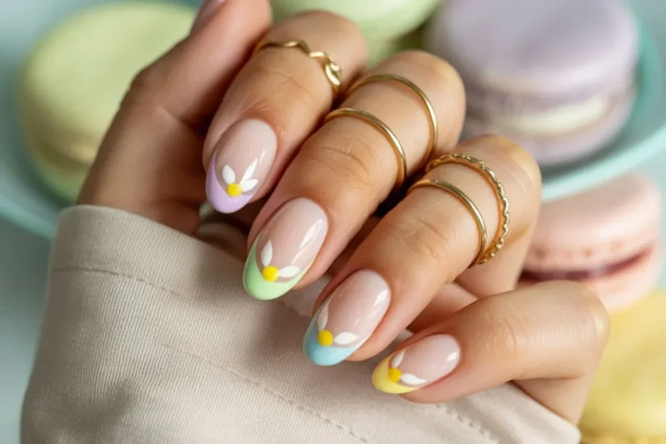 Pastel nagels met een fleurige nail art. pastel tinten in groen, blauw, roze en geel. met een bloemen nail art decoratie op de nagels. korte nagels voor de zomer. Zomer Nagels 2025, Nageltrends zomer 2025. Trendkleuren zomer 2025. Nagelideeën en inspirati