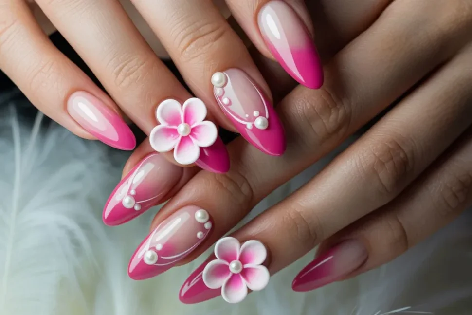 Deze roze ombre nagels met 3D bloemen en kleine parels zijn mijn absolute favoriet! knal roze nagels met parels. pearls nail art. press on bloemen op nagels. mooie nagel art, nagels salon. acryl nagels. biab nagels. Nageltrends zomer 2025. Trendkleuren z