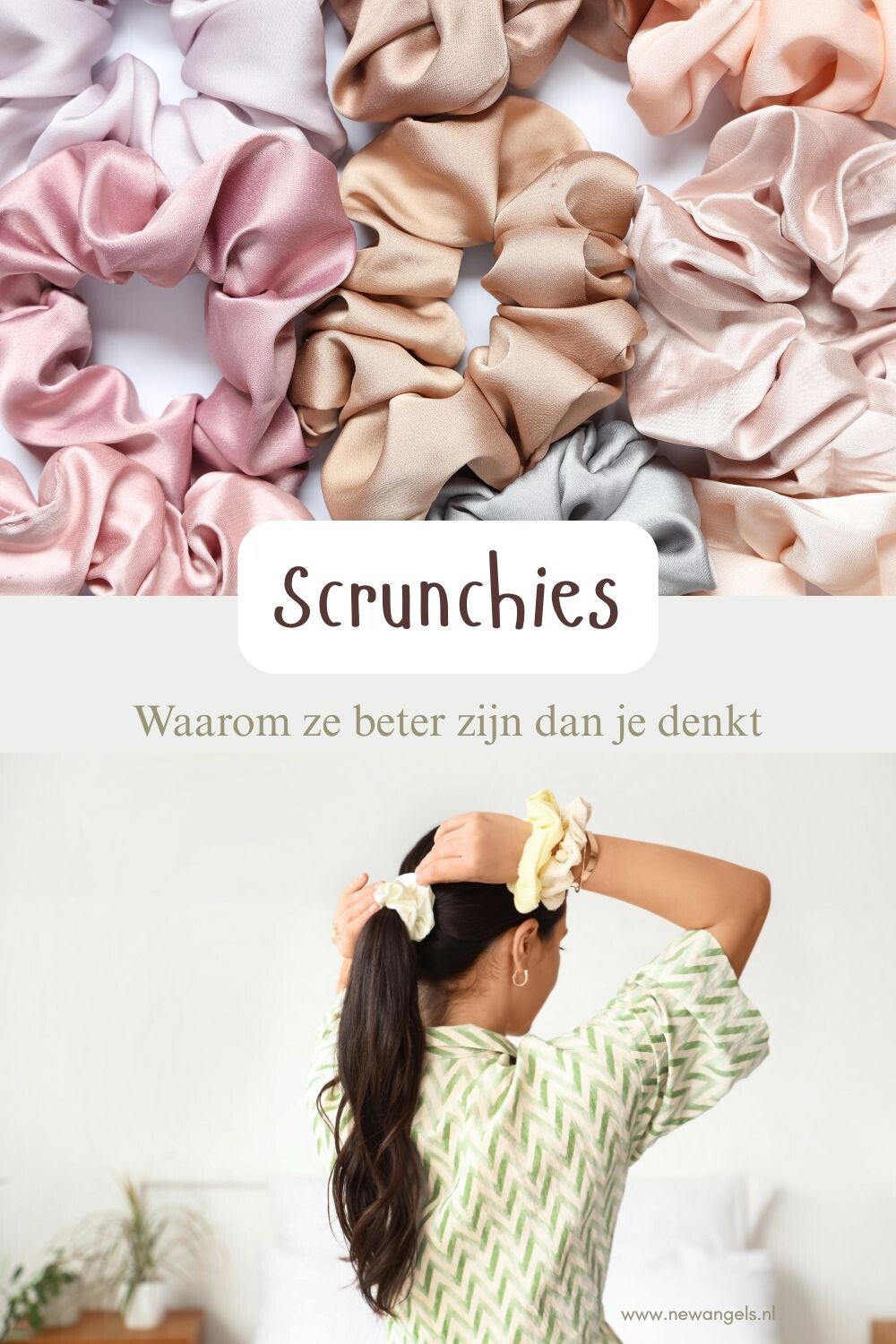 Scrunchies van new angels. Wat betekent scrunchie? Hoe heette vroeger een scrunchie? Hoe draag je een scrunchie in je haar? Waar koop je leuke haaraccessoires? Is een scrunchie goed voor je haar? Hoe duur is een scrunchie? Hoe lang moet een scrunchie zijn