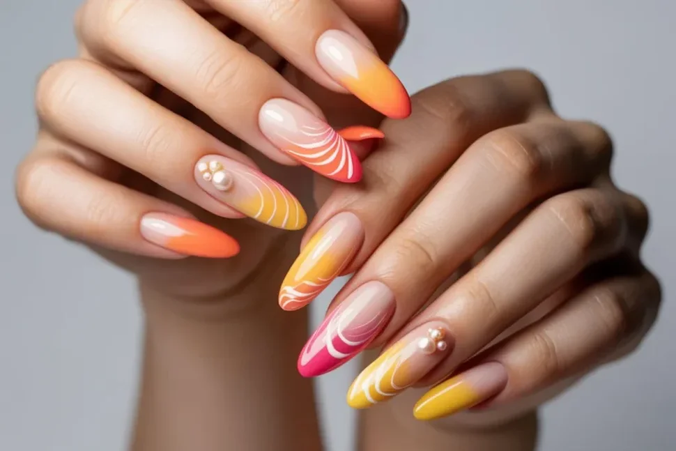 Nail ideas, nagel ideeen. zomerse nagels. De combinatie van roze, oranje en geel nagels. Ombre nagels. opvallende nagels. roze nagels. oranje nagels. gele nagels. parels op je nagels. pearn nails. nail art. zomer nagels. Nageltrends zomer 2025. Trendkleur