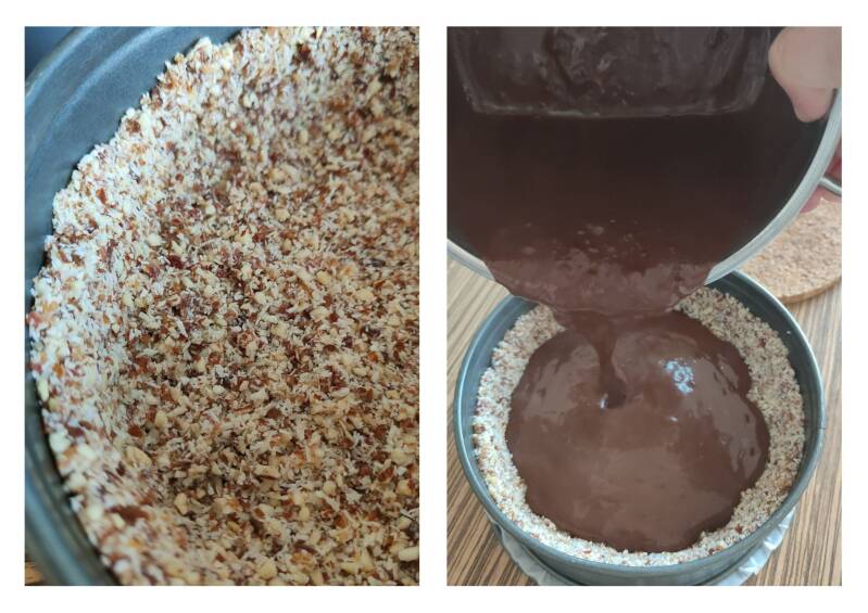 Makkelijke bodem voor vegan chocoladetaart zonder oven wordt gemengd. Ingrediënten voor de bodem van een vegan chocoladetaart worden gemengd. Glutenvrije bodem voor no bake vegan chocoladetaart in voorbereiding. Makkelijke vegan chocola taart