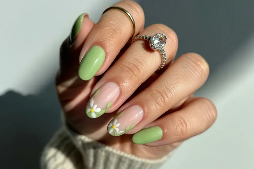 Groene nagels. groene nagel. wilde bloemen nail art. Simpele nagels zomer. korte nagels. Zomer Nagels 2025, Nageltrends zomer 2025. Trendkleuren zomer 2025. Nagelideeën en inspiratie zomer 2025.