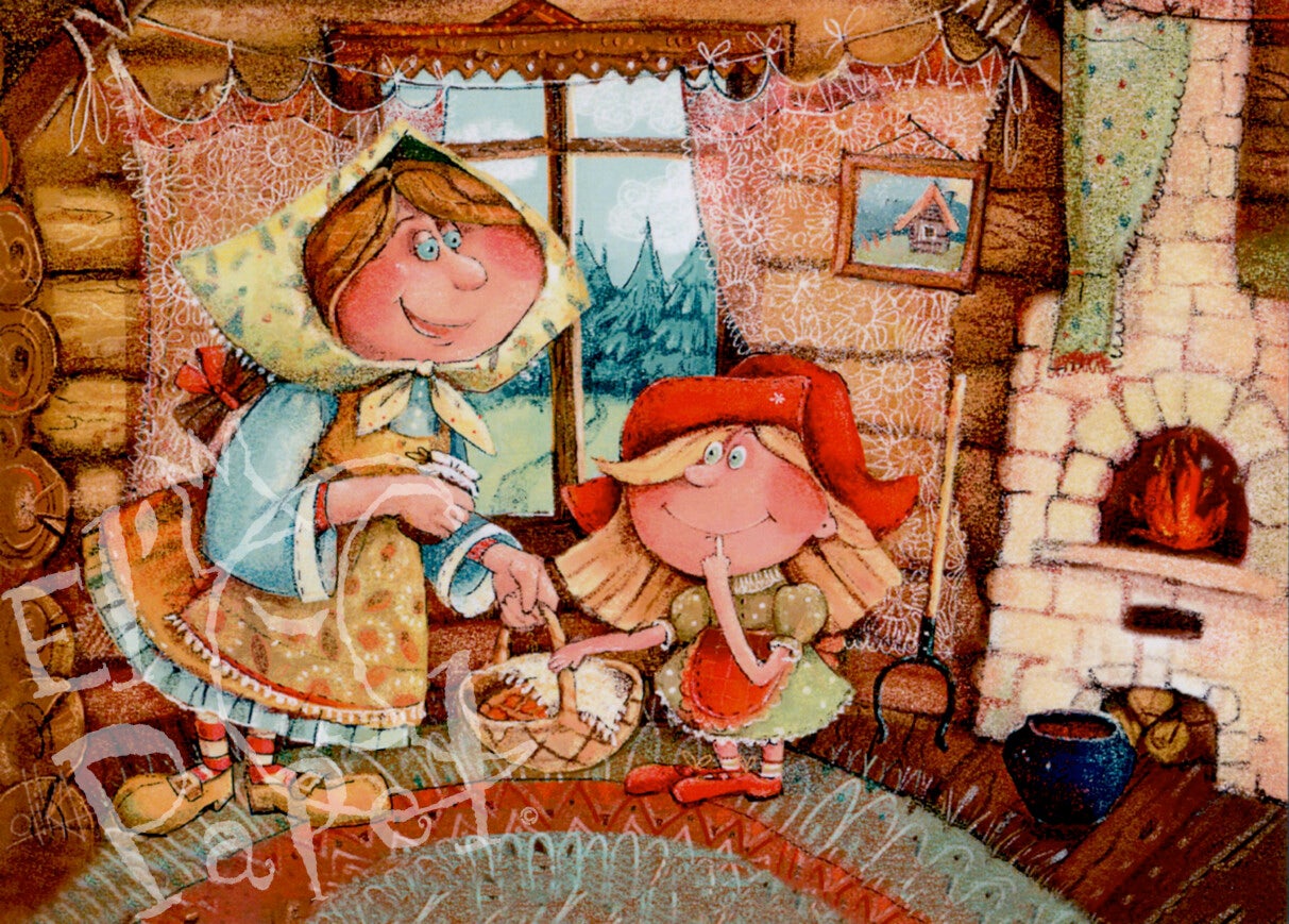 Ansichtkaart Roodkapje 'Het mandje voor grootmoeder' (1)