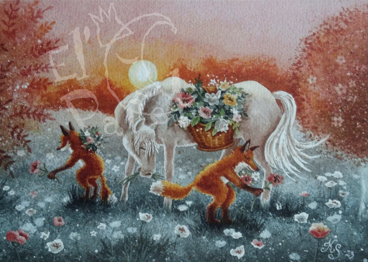 Ansichtkaart 'Bloempjes plukken in de weide'