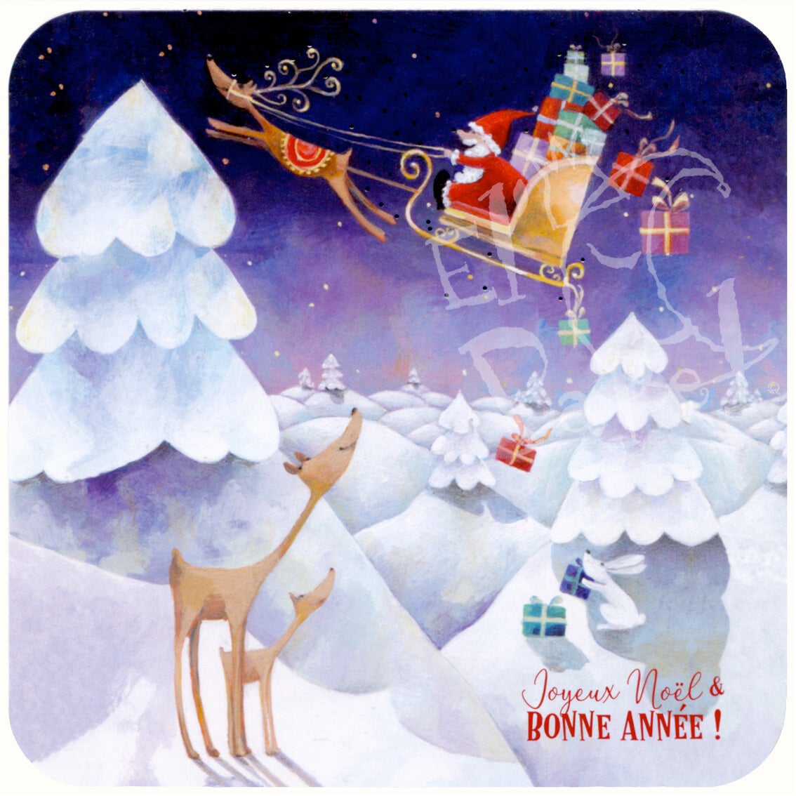 Kerst- en Nieuwjaarskaart Kerstman met Rendieren in arreslee - Aurélie Blans