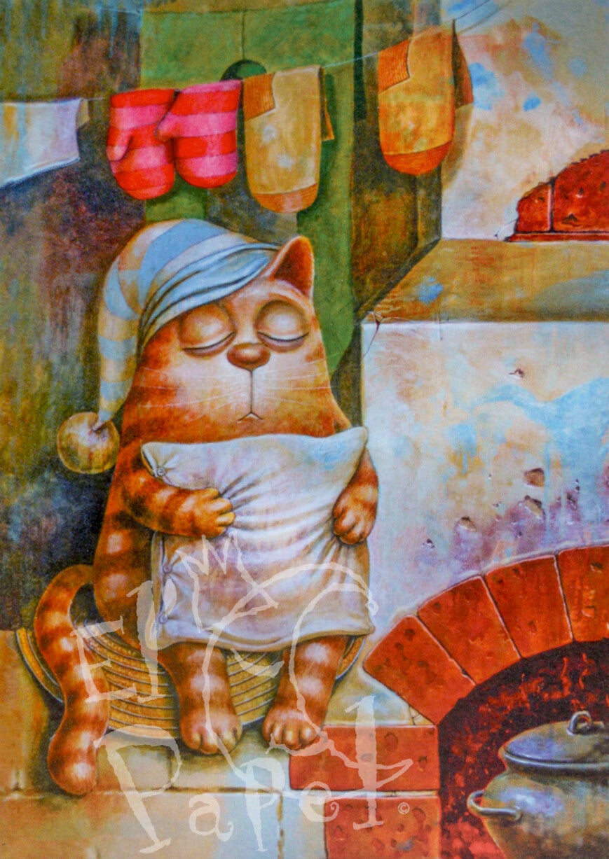 Ansichtkaart 'Lekker warm bij de kachel'