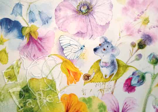 Ansichtkaart 'Theetijd met muis, vlinder en slak'