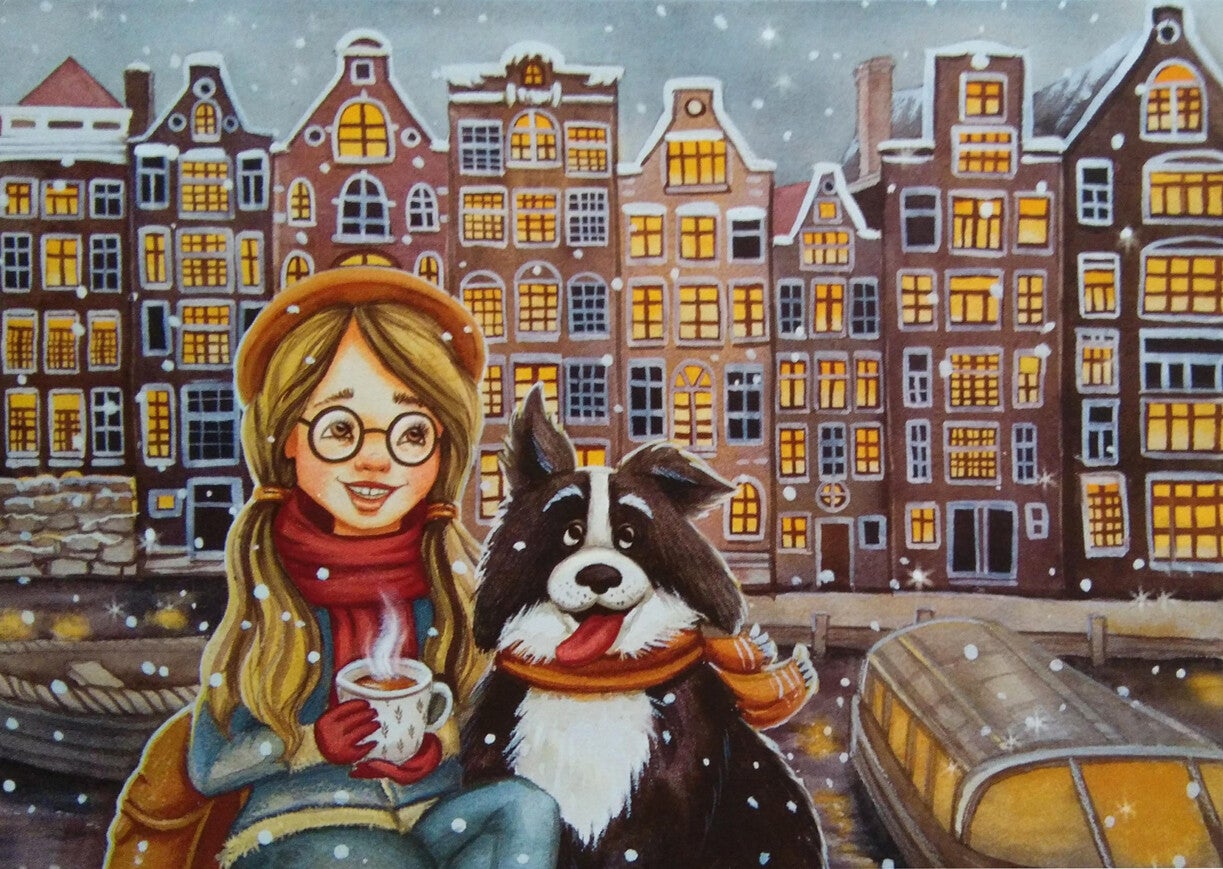 Ansichtkaart 'Mijn hond en ik en een lekker kopje thee'