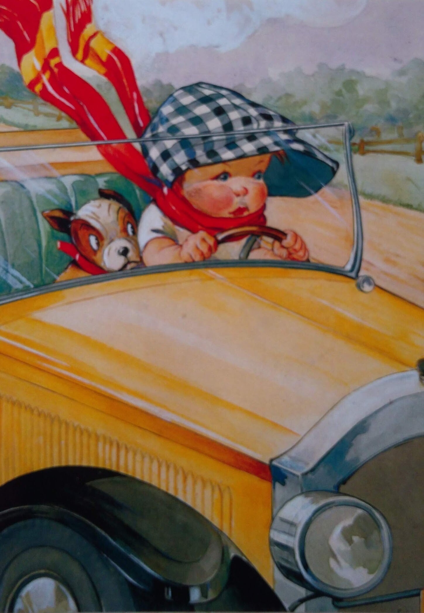 Ansichtkaart 'Samen in de gele racewagen'