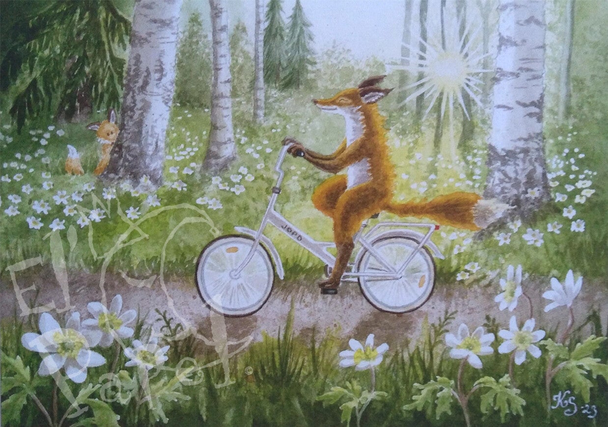Ansichtkaart 'Fietsend vosje'