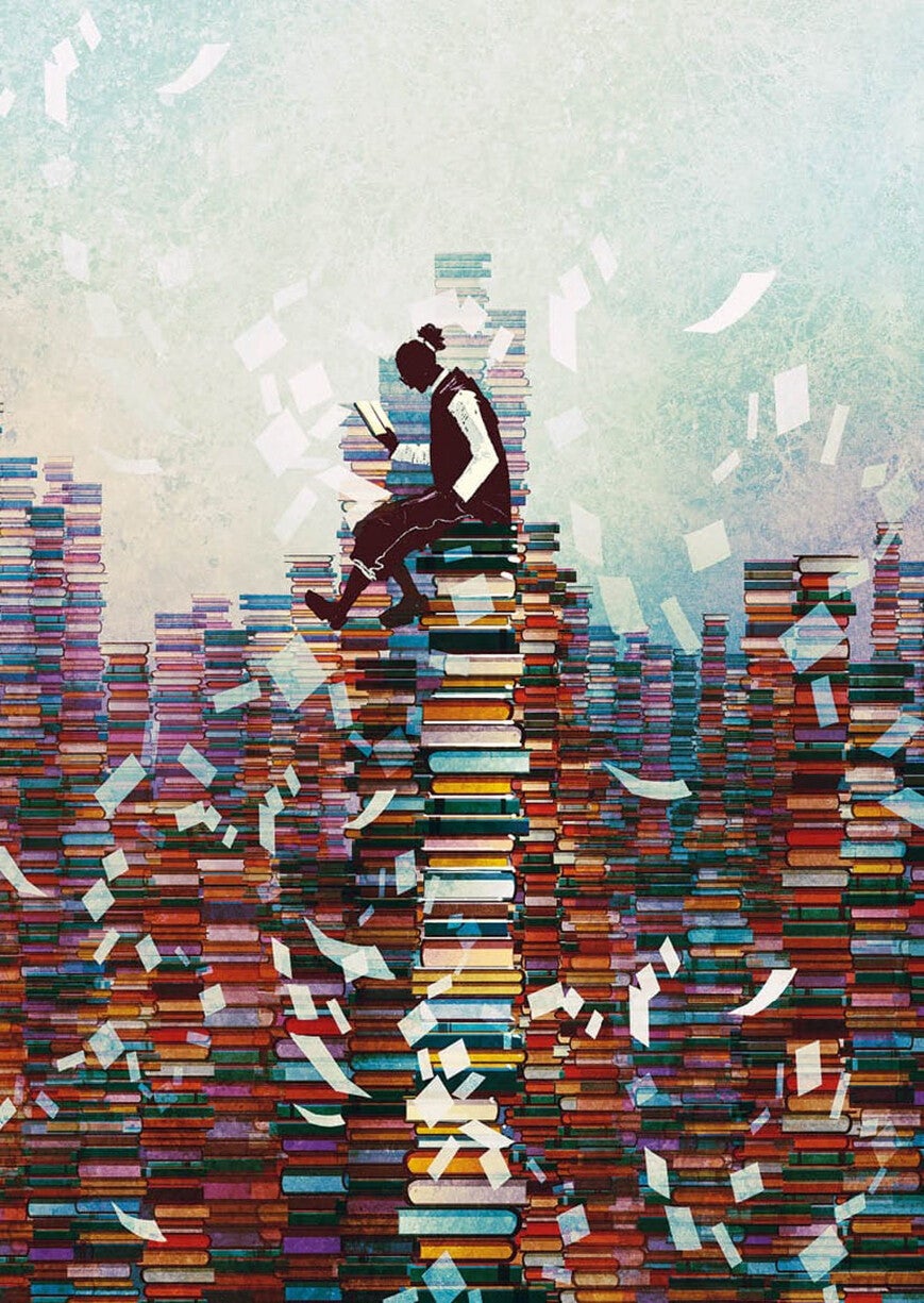 Ansichtkaart 'Op de boekenstapel'