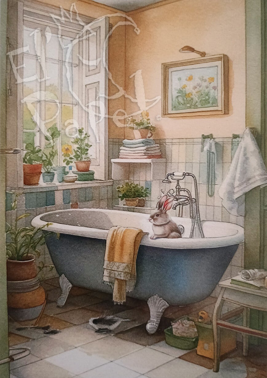 Ansichtkaart 'Konijntje in bad' (1)