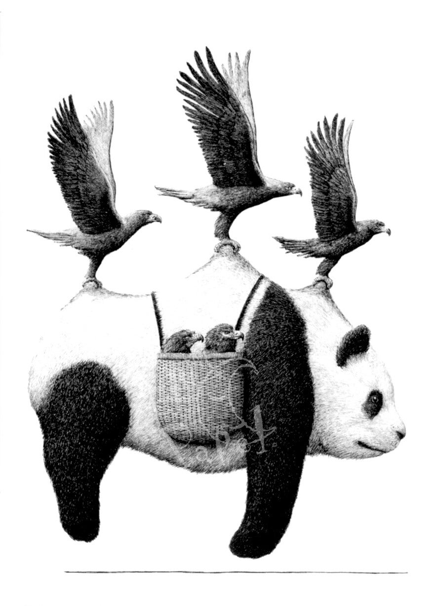 Kunstkaart 'Panda gedragen door adelaars' (501)