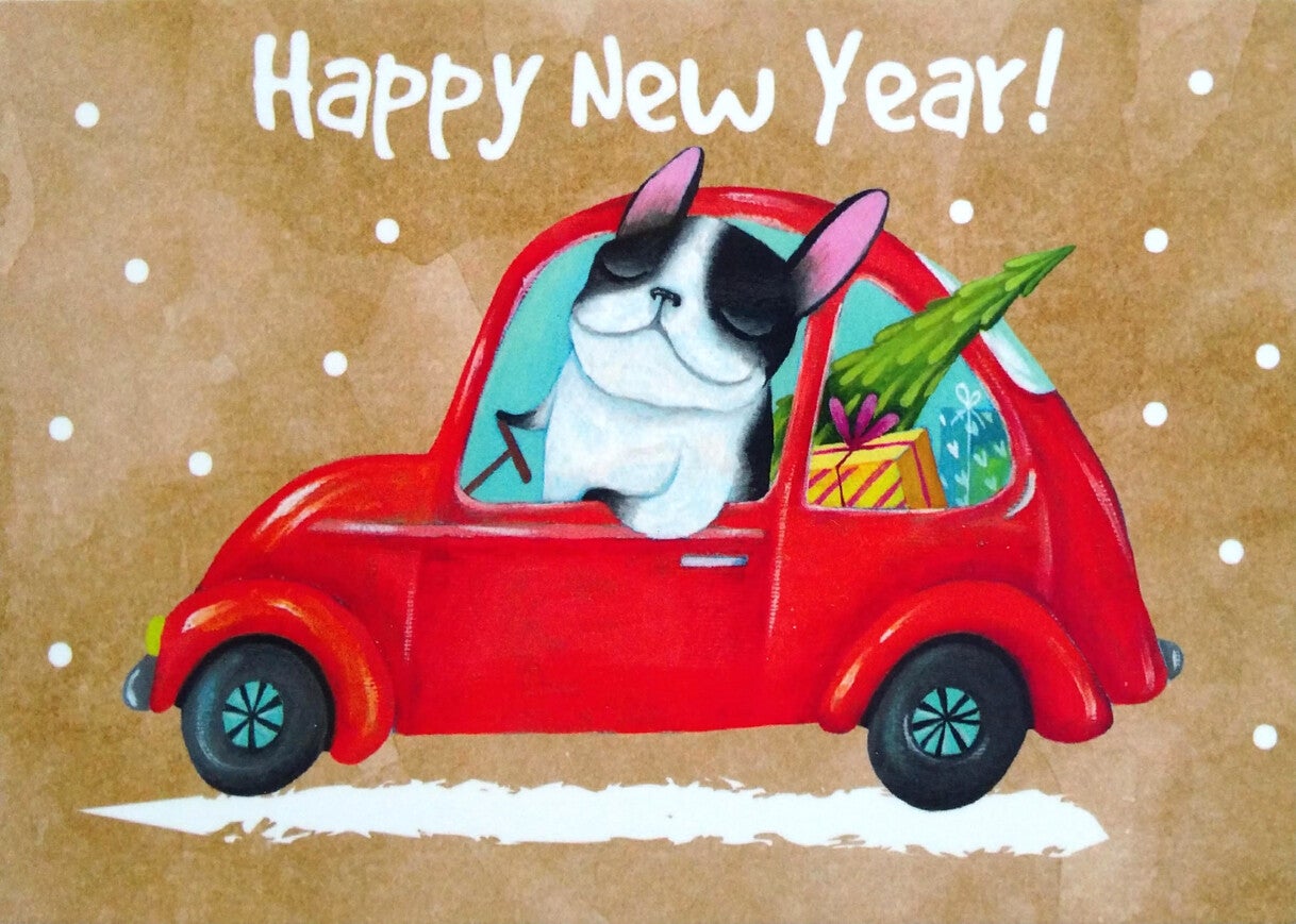 Nieuwjaars ansichtkaart 'Hond met Kerstboom - Happy New Year'