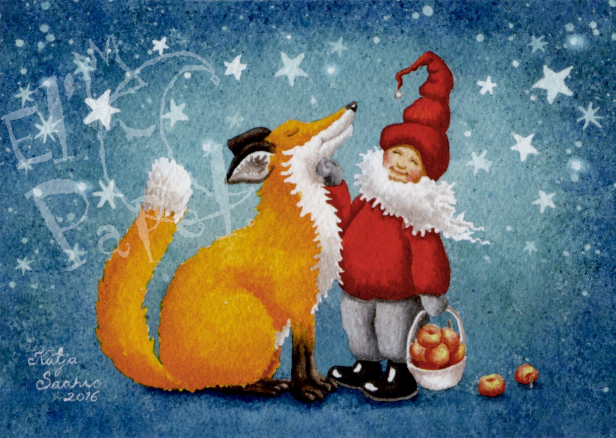 Kerstkaart 'Vriendschap tussen gnoom en vosje'